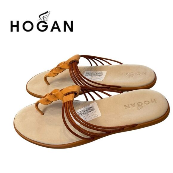 HOGAN Women's Ibiza Flip Flop Plait and Tubes Orange Leather Slide Sandals 39 - Picture 2 of 8